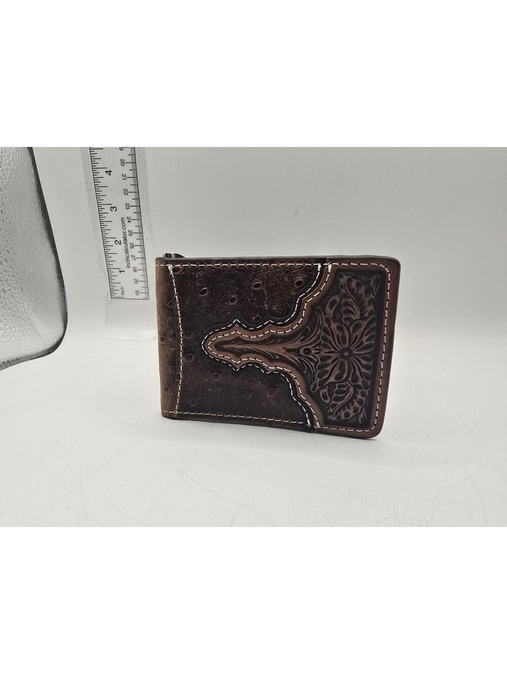 Ariat® Men's Floral Embossed Ostrich Brown Bi-Fold Wallet W/ Money Clip